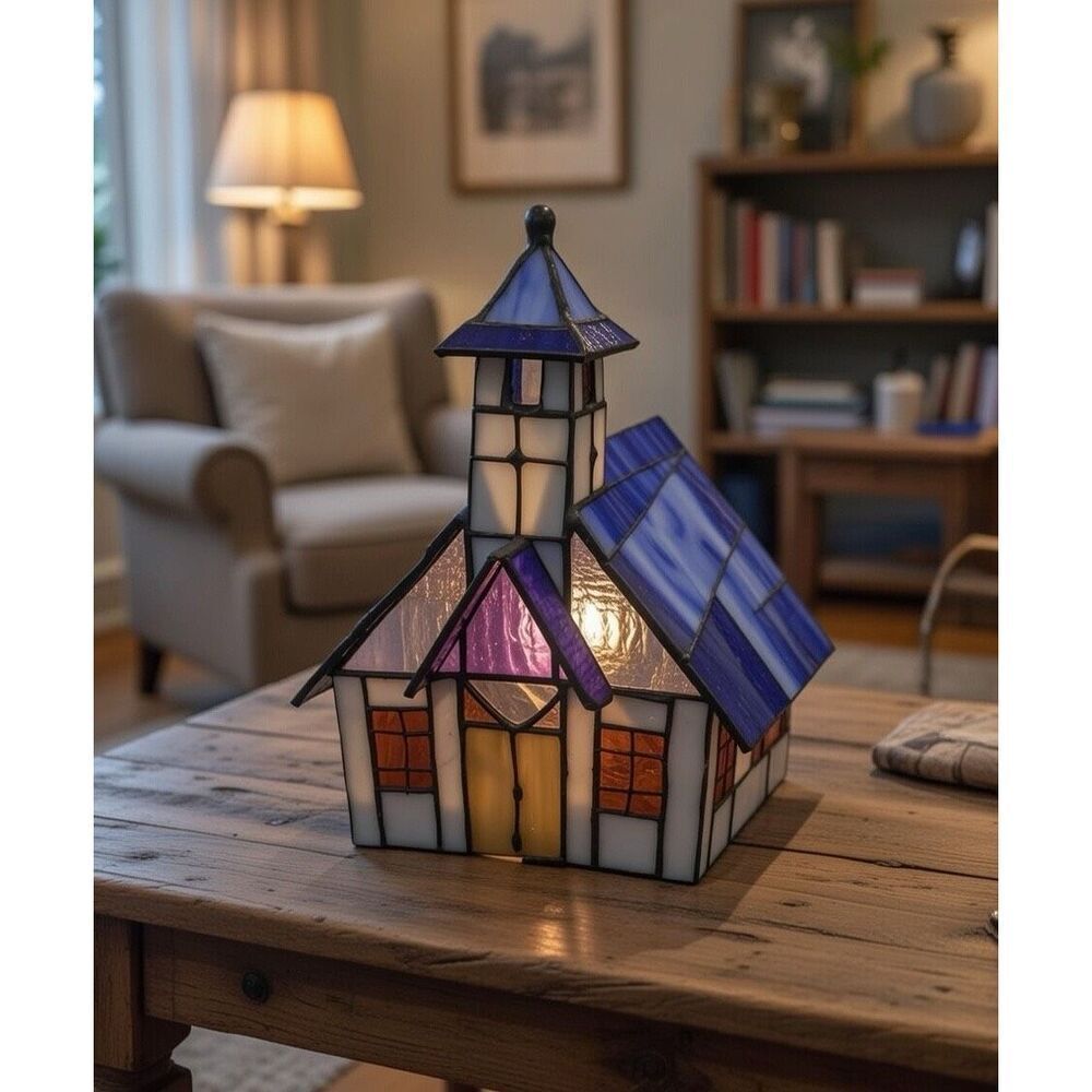 VINTAGE  GENUINE STAINED  GLASS CHURCH  , NO LIGHT. READ